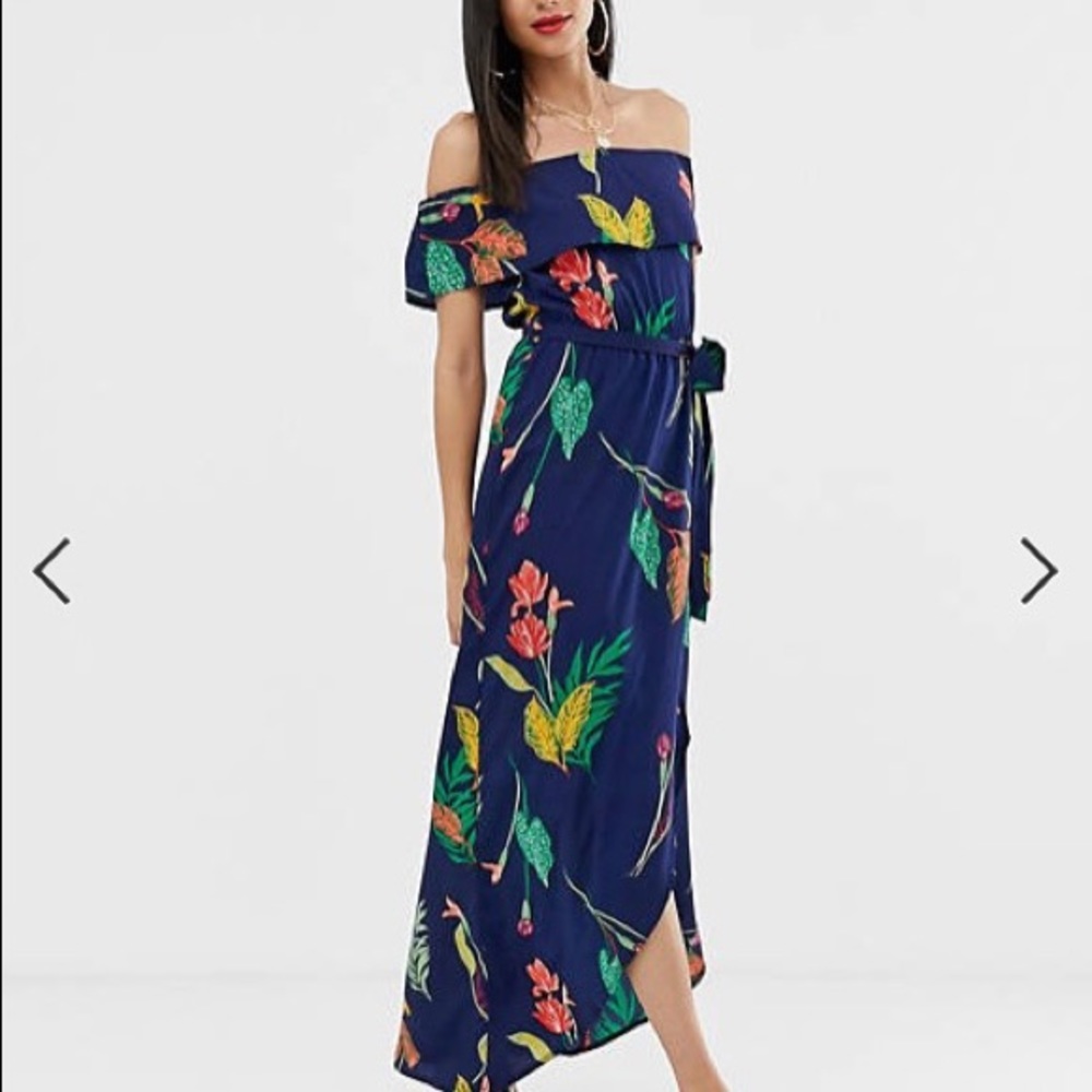 ASOS Influence Tall off shoulder maxi dress in navy floral